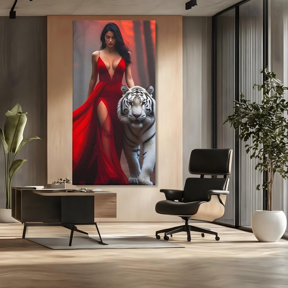 Tablou canvas cu tablou canvas cu femeie si tigru alb, fara rama, pe sasiu de lemn, pe perete intr-un birou